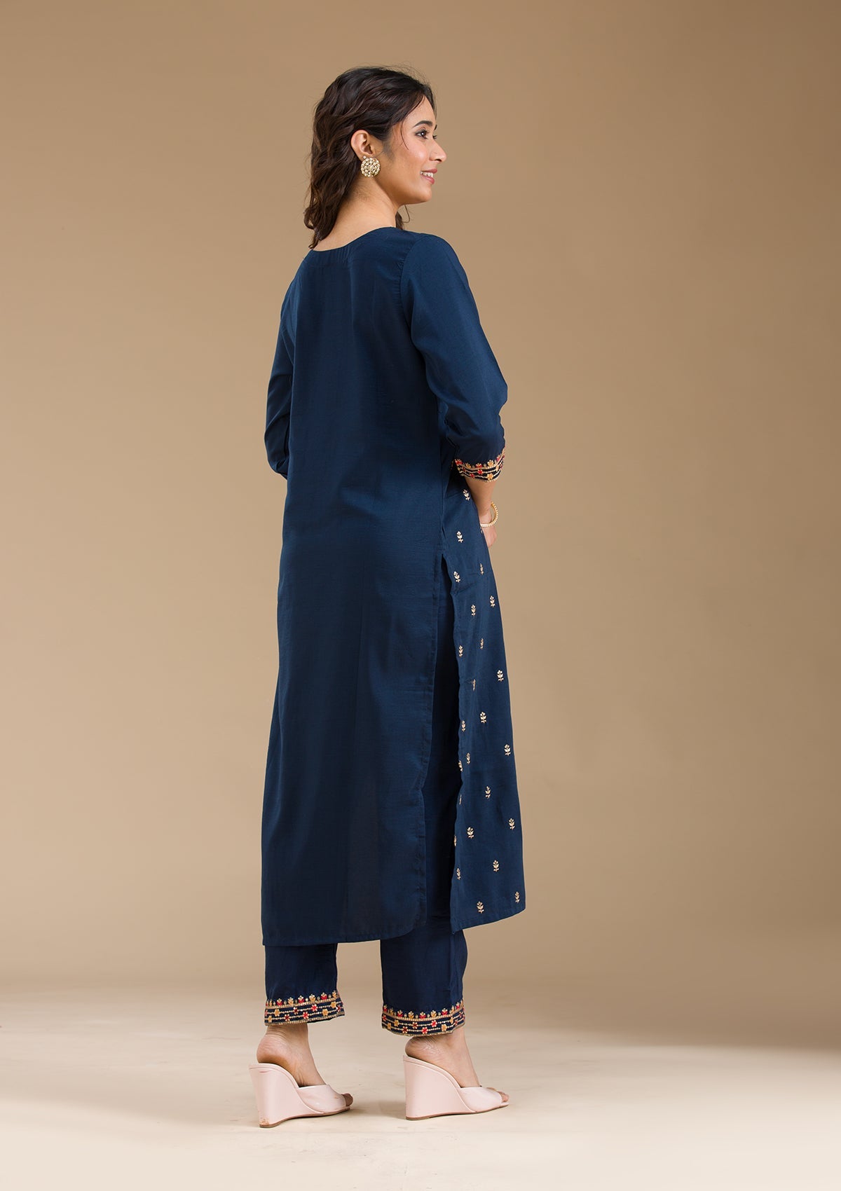 Navy Blue Threadwork Semi Crepe Readymade Salwar Suit-Koskii