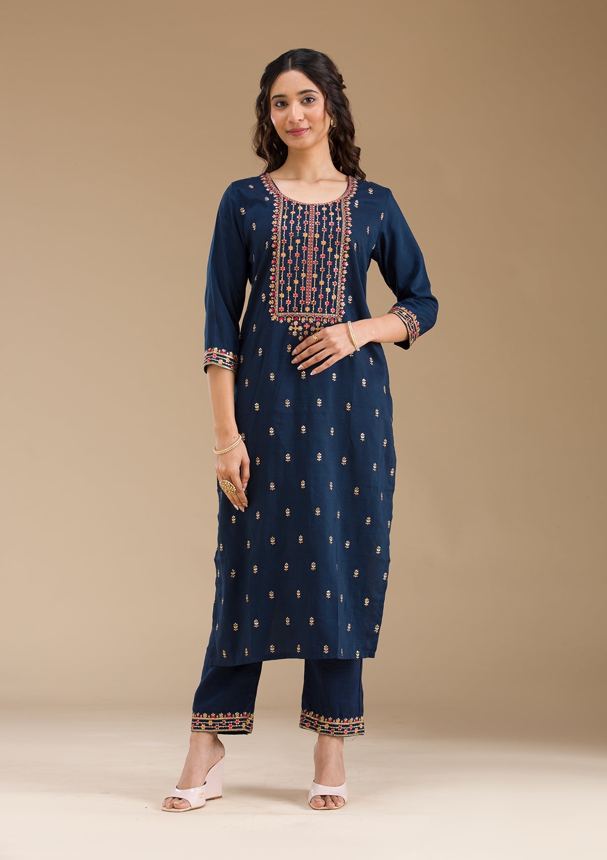 Navy Blue Threadwork Semi Crepe Readymade Salwar Suit-Koskii