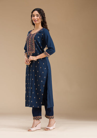 Navy Blue Threadwork Semi Crepe Readymade Salwar Suit-Koskii