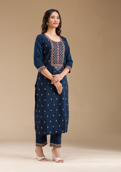 Navy Blue Threadwork Semi Crepe Readymade Salwar Suit-Koskii