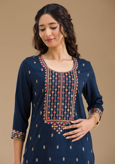 Navy Blue Threadwork Semi Crepe Readymade Salwar Suit-Koskii