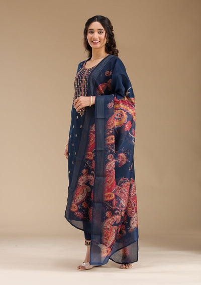 Navy Blue Threadwork Semi Crepe Readymade Salwar Suit-Koskii