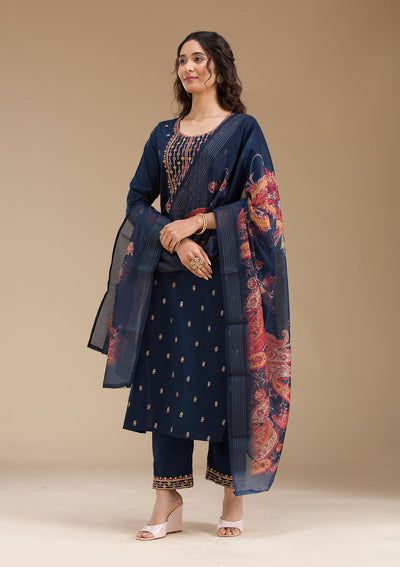 Navy Blue Threadwork Semi Crepe Readymade Salwar Suit-Koskii