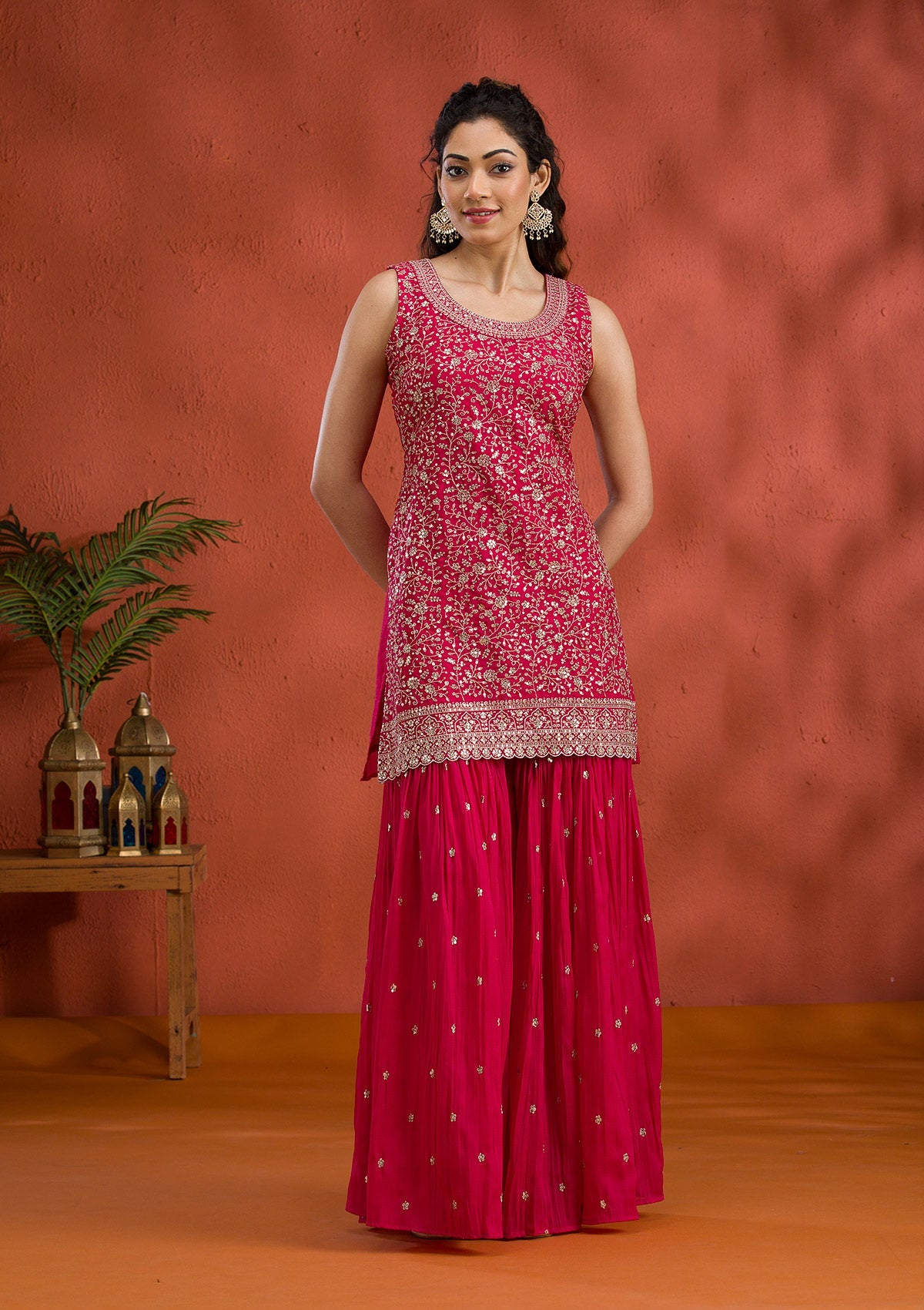 Rani Pink Silver Zariwork Georgette Readymade Salwar Suit-Koskii