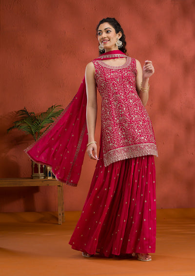 Rani Pink Silver Zariwork Georgette Readymade Salwar Suit-Koskii