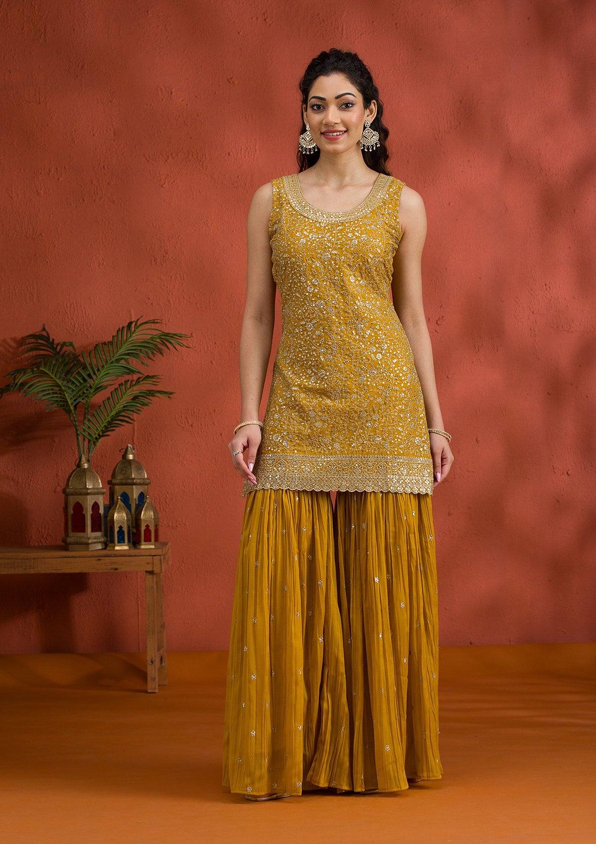 Yellow Silver Zariwork Georgette Readymade Salwar Suit-Koskii