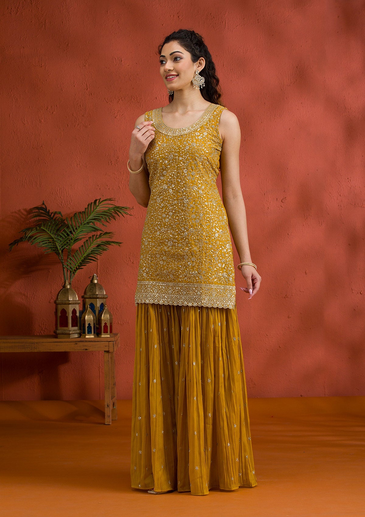 Yellow Silver Zariwork Georgette Readymade Salwar Suit-Koskii