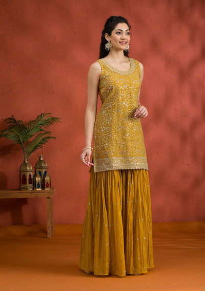 Yellow Silver Zariwork Georgette Readymade Salwar Suit-Koskii