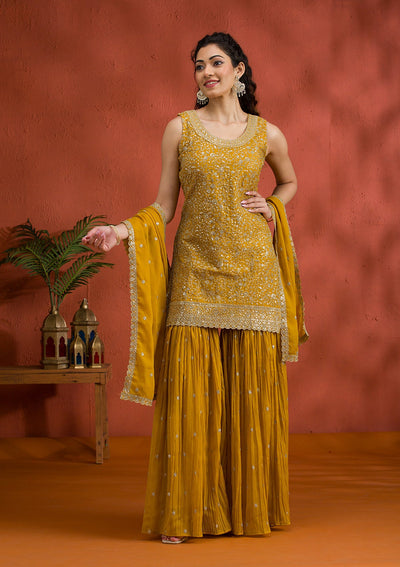 Yellow Silver Zariwork Georgette Readymade Salwar Suit-Koskii