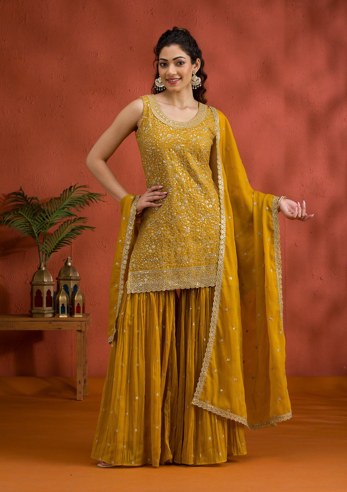 Yellow Silver Zariwork Georgette Readymade Salwar Suit-Koskii