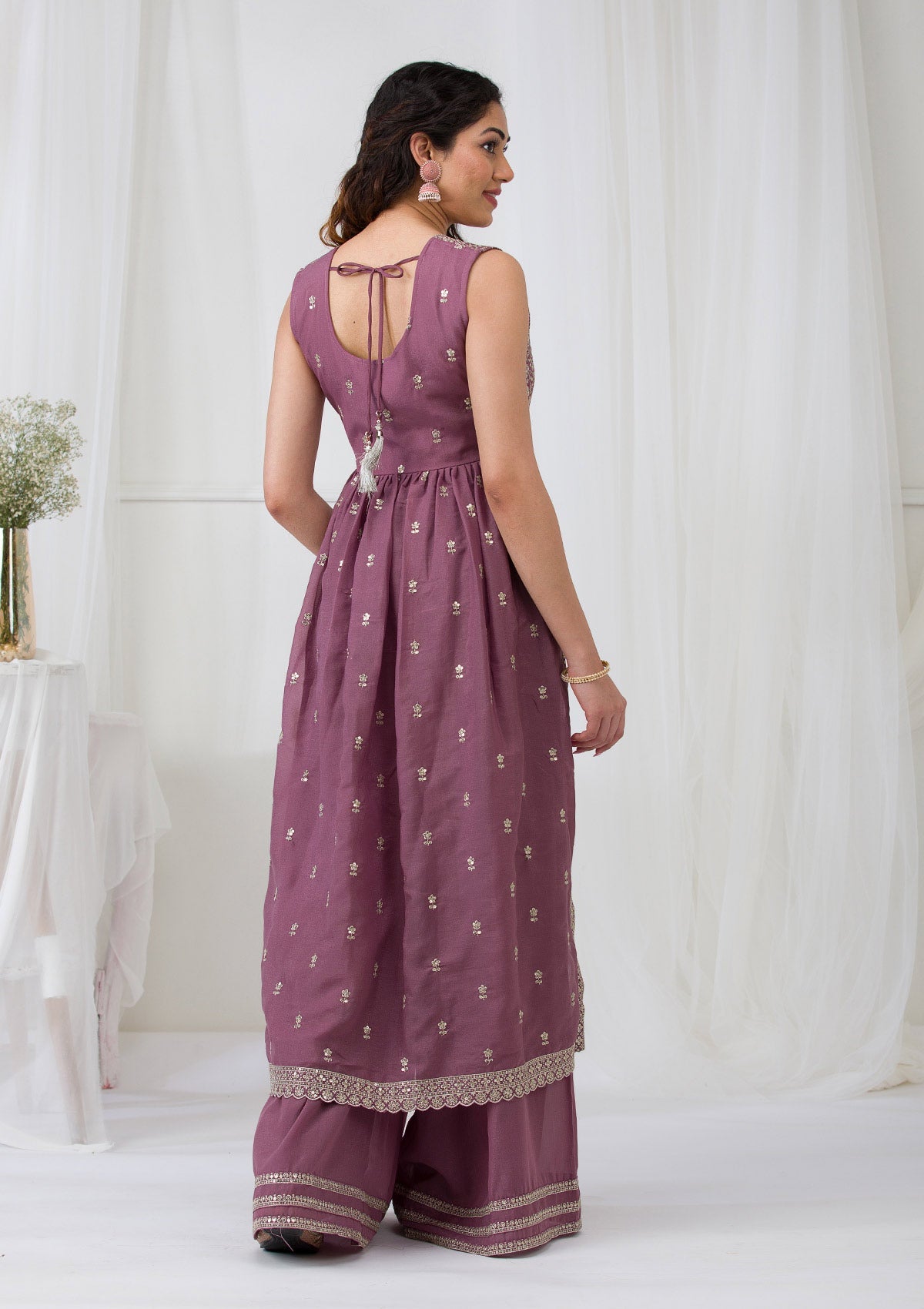 Mauve Silver Zariwork Georgette Readymade Salwar Suit-Koskii