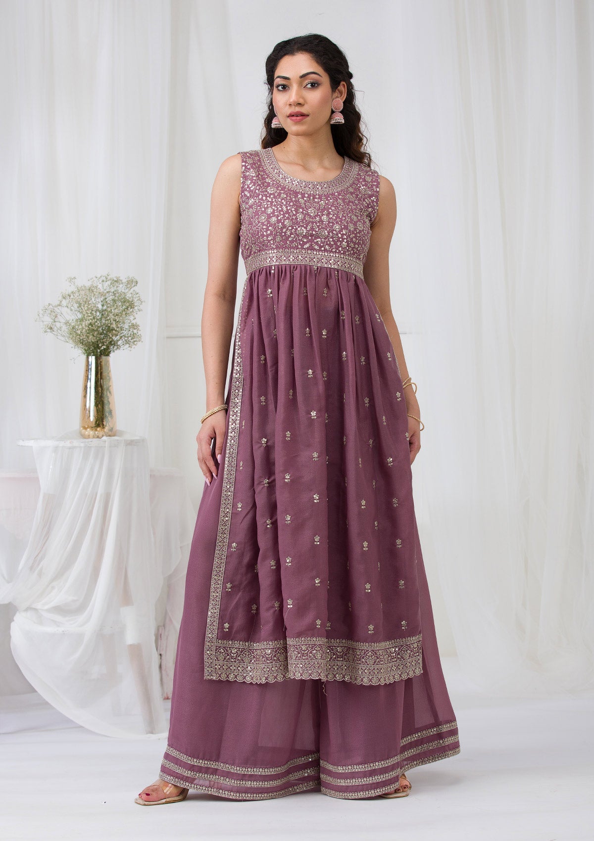 Mauve Silver Zariwork Georgette Readymade Salwar Suit-Koskii