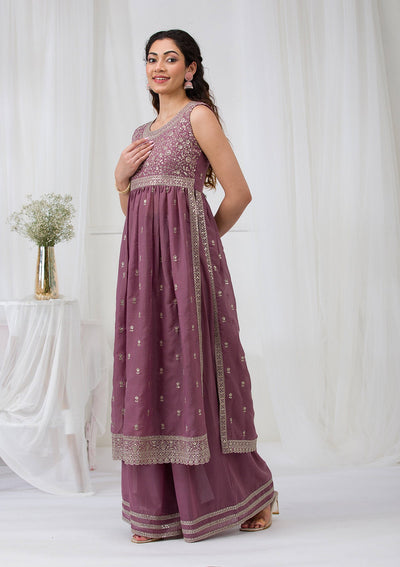 Mauve Silver Zariwork Georgette Readymade Salwar Suit-Koskii