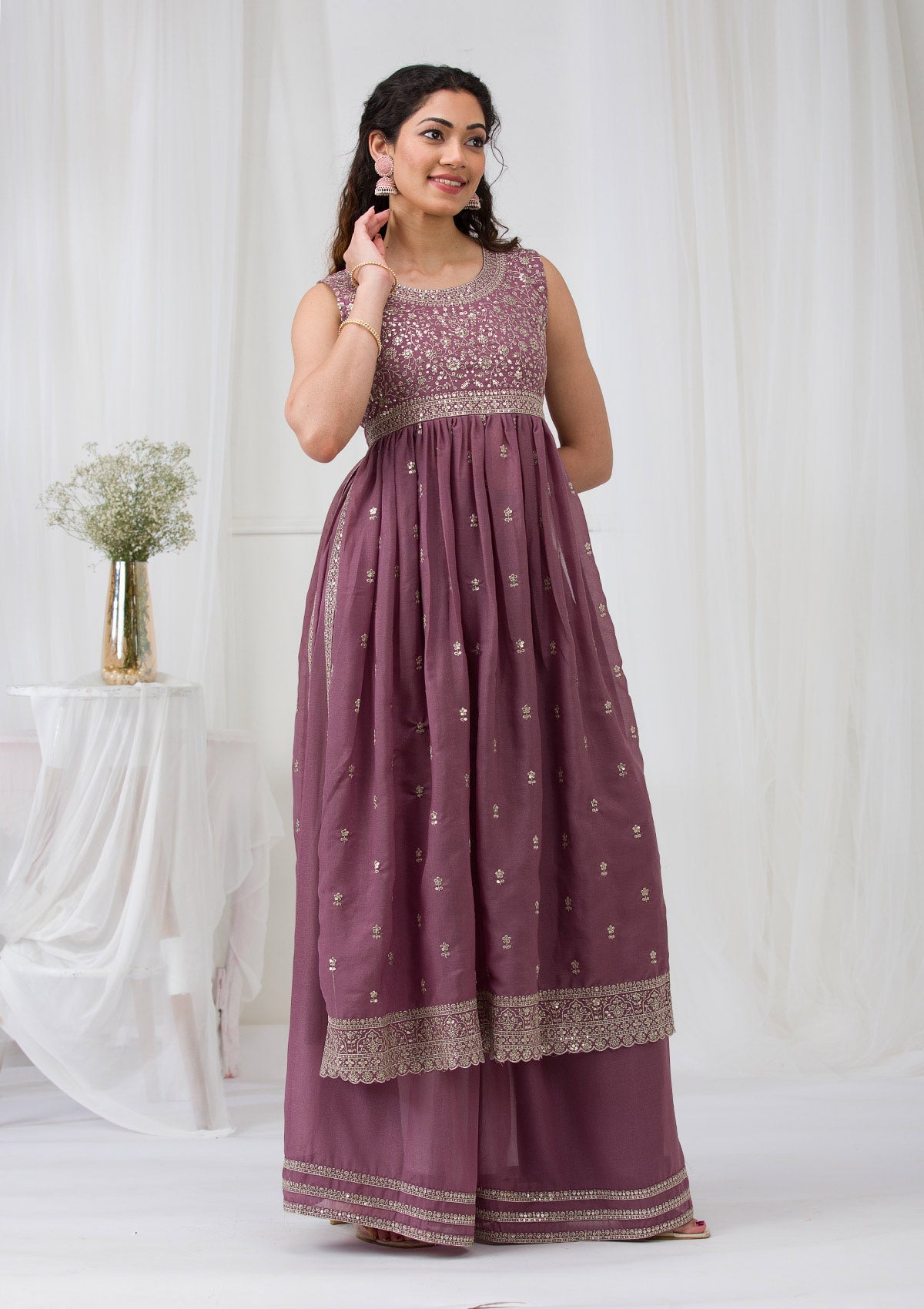 Mauve Silver Zariwork Georgette Readymade Salwar Suit-Koskii