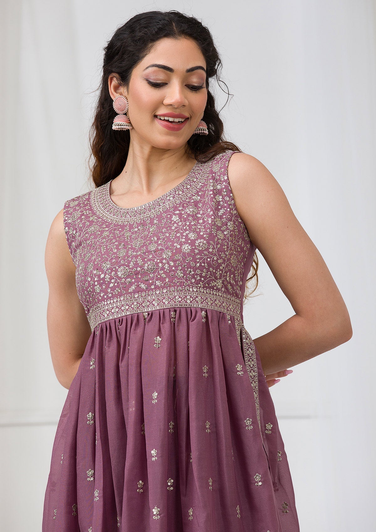 Mauve Silver Zariwork Georgette Readymade Salwar Suit-Koskii