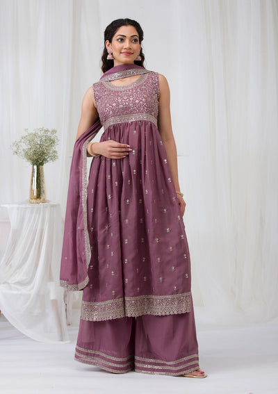 Mauve Silver Zariwork Georgette Readymade Salwar Suit-Koskii