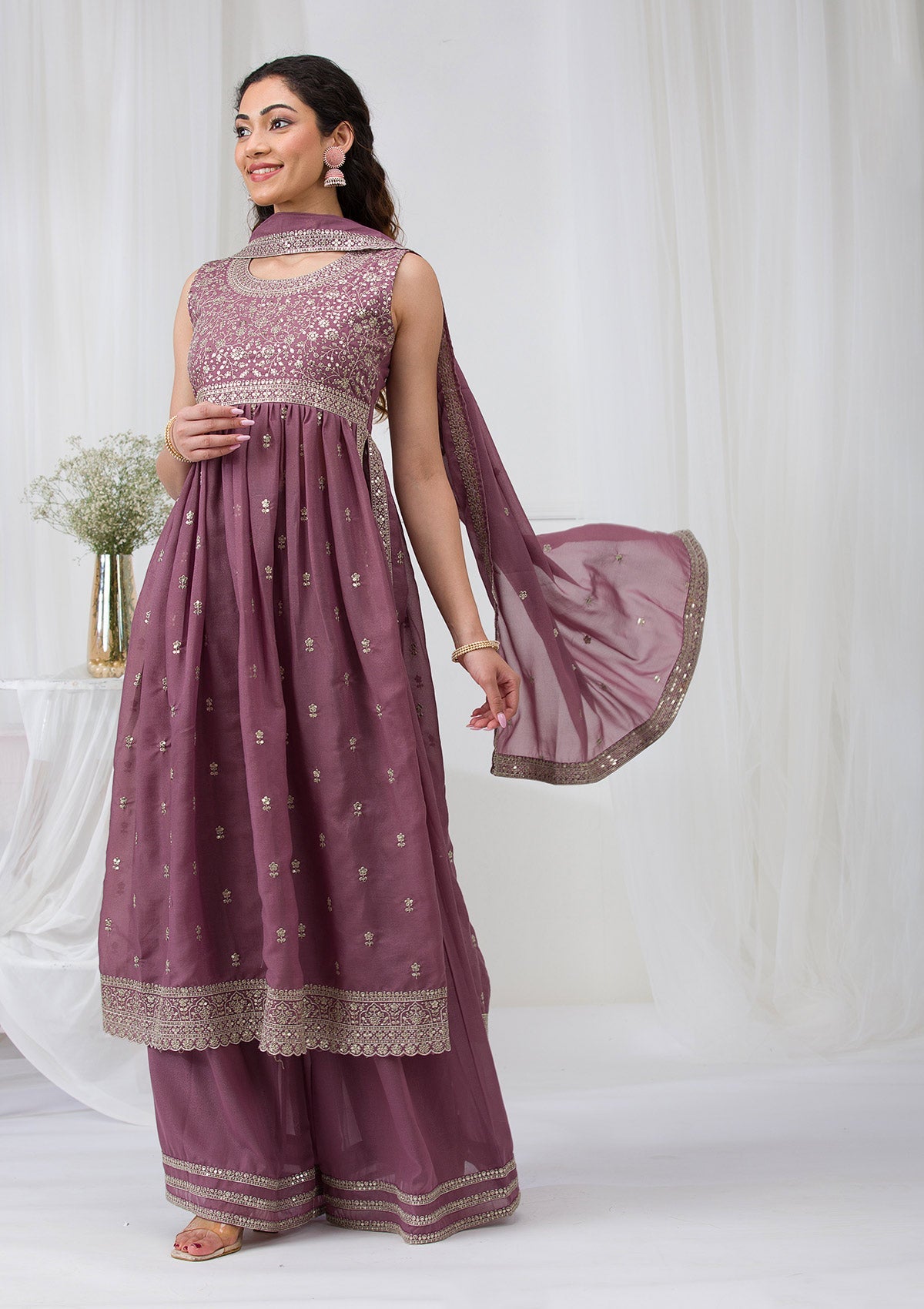 Mauve Silver Zariwork Georgette Readymade Salwar Suit-Koskii