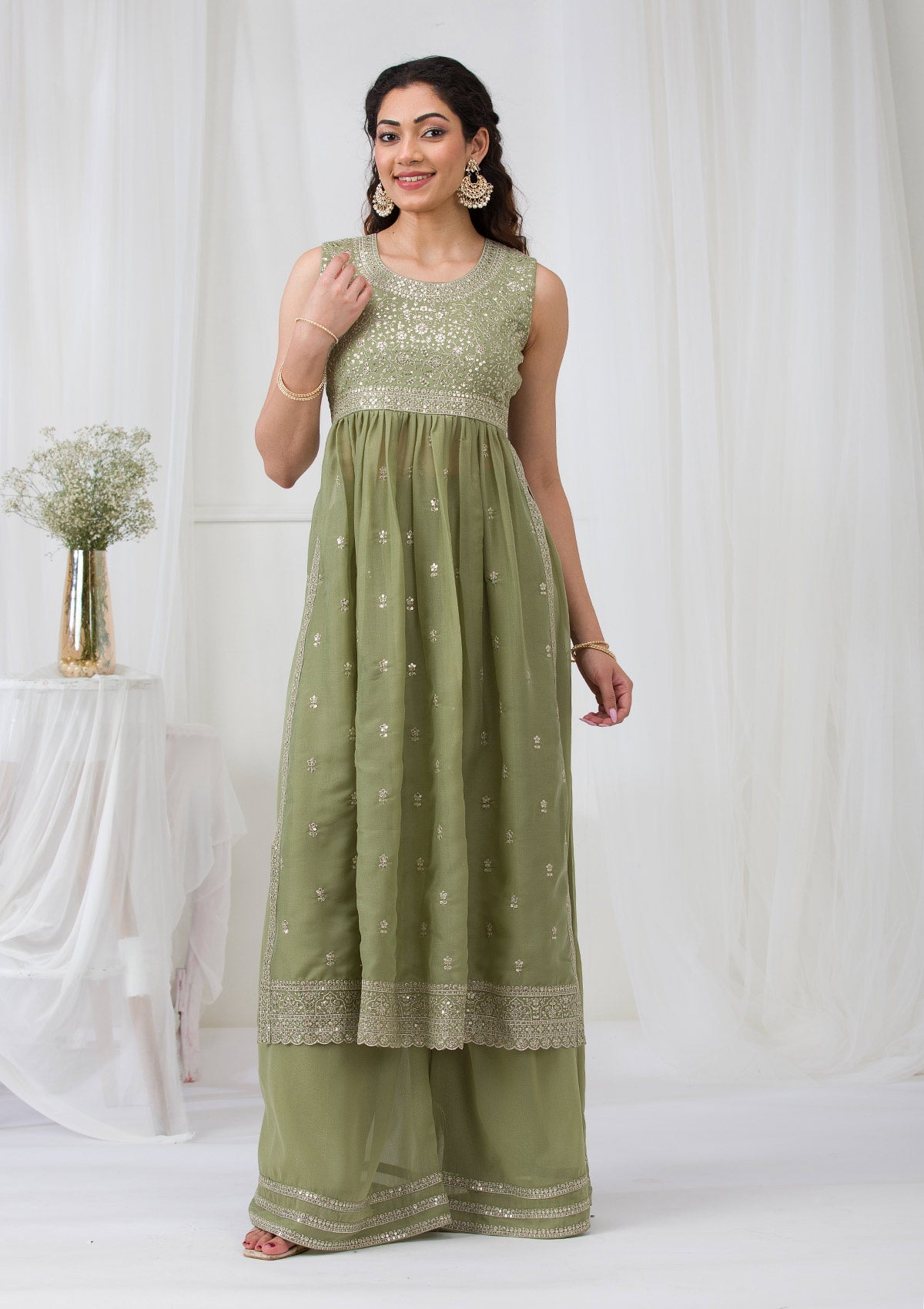 Pista Green Silver Zariwork Georgette Readymade Salwar Suit-Koskii