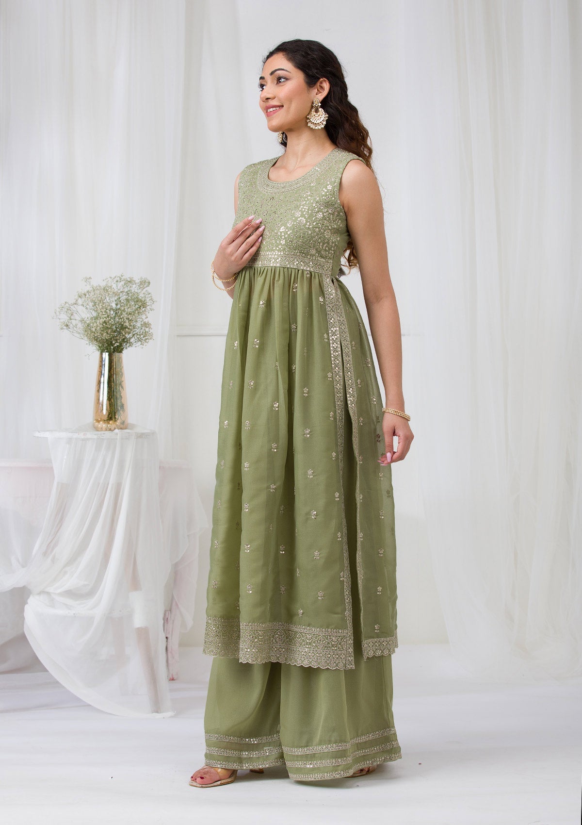 Pista Green Silver Zariwork Georgette Readymade Salwar Suit-Koskii