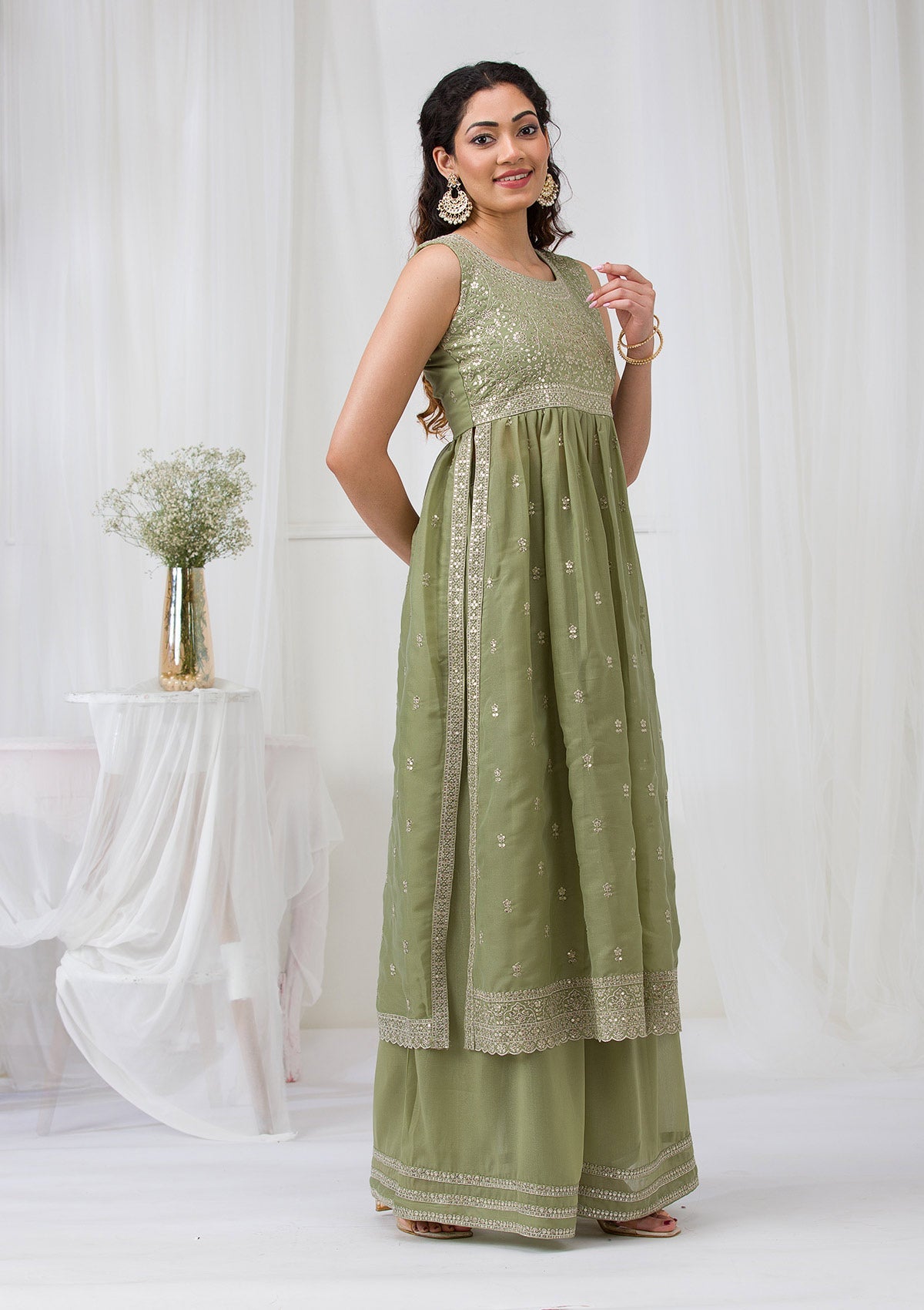 Pista Green Silver Zariwork Georgette Readymade Salwar Suit-Koskii