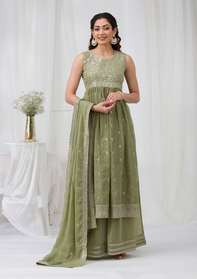 Pista Green Silver Zariwork Georgette Readymade Salwar Suit-Koskii