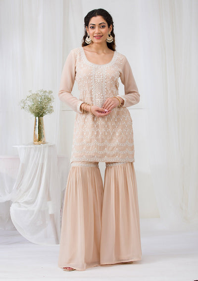 Beige Threadwork Georgette Readymade Salwar Suit-Koskii