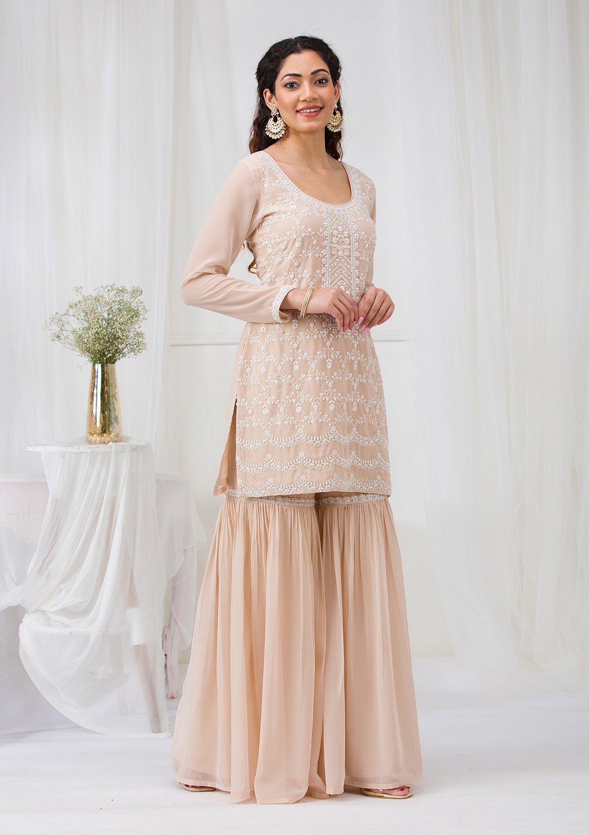 Beige Threadwork Georgette Readymade Salwar Suit-Koskii