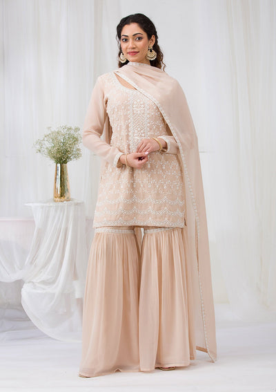 Beige Threadwork Georgette Readymade Salwar Suit-Koskii