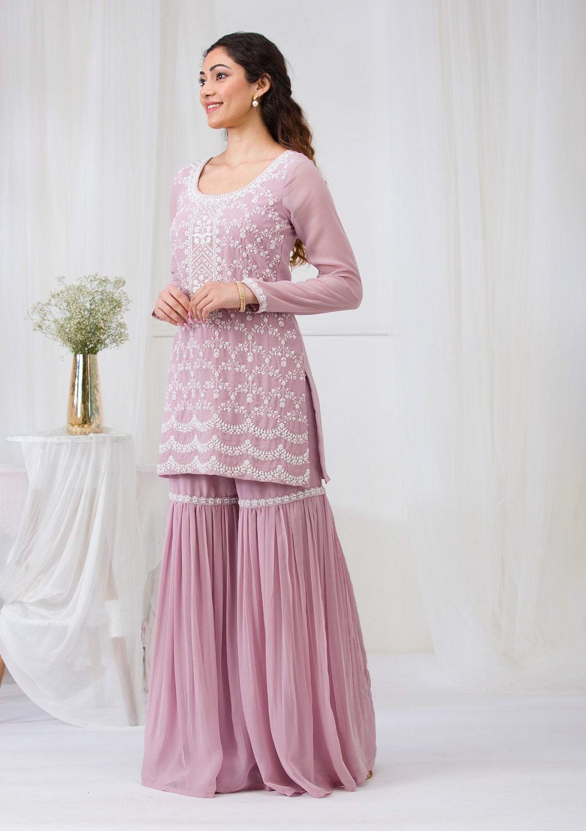 Lavender Threadwork Georgette Readymade Salwar Suit-Koskii