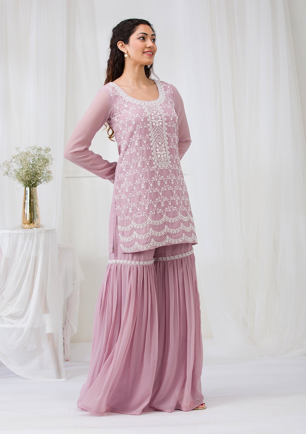 Lavender Threadwork Georgette Readymade Salwar Suit-Koskii