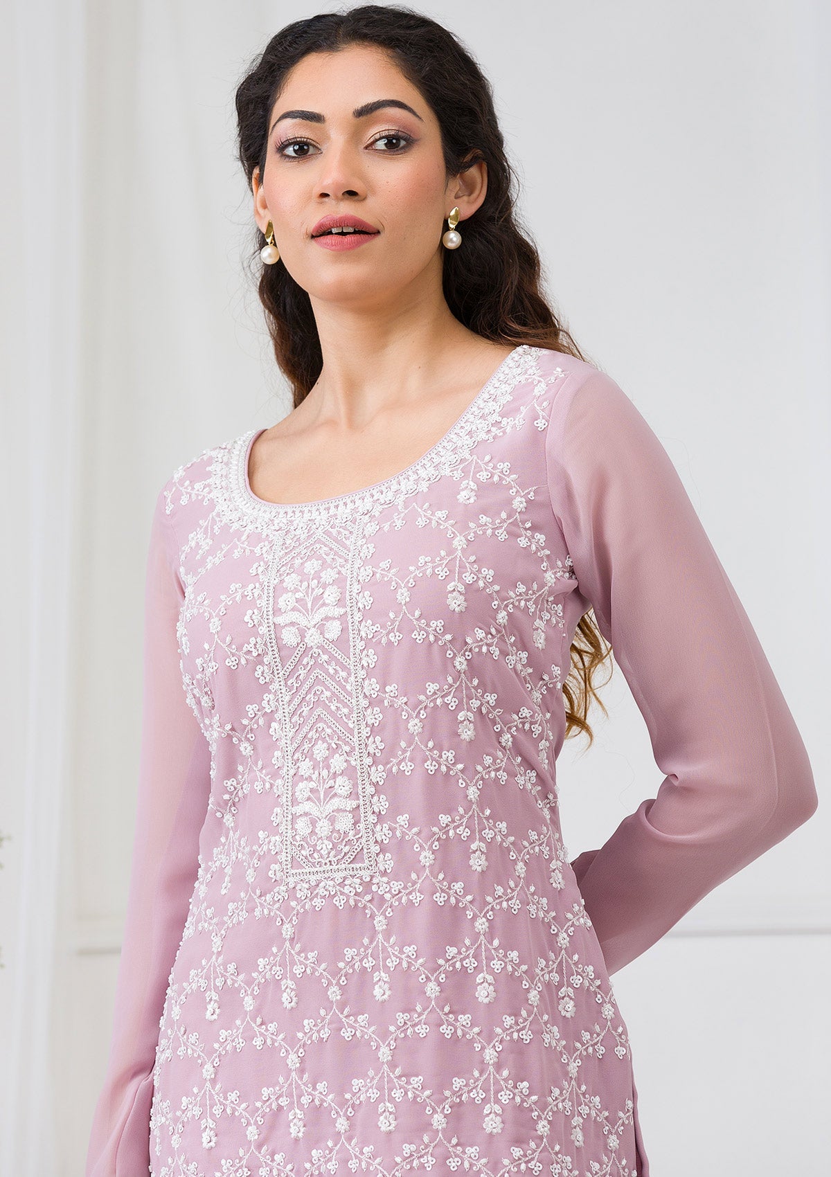 Lavender Threadwork Georgette Readymade Salwar Suit-Koskii