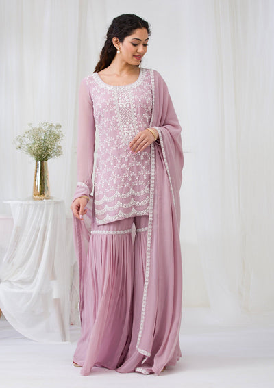 Lavender Threadwork Georgette Readymade Salwar Suit-Koskii