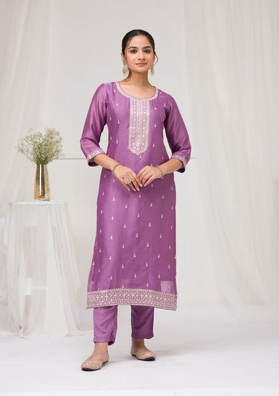 Lavender Sequins Raw Silk Readymade Salwar Suit-Koskii