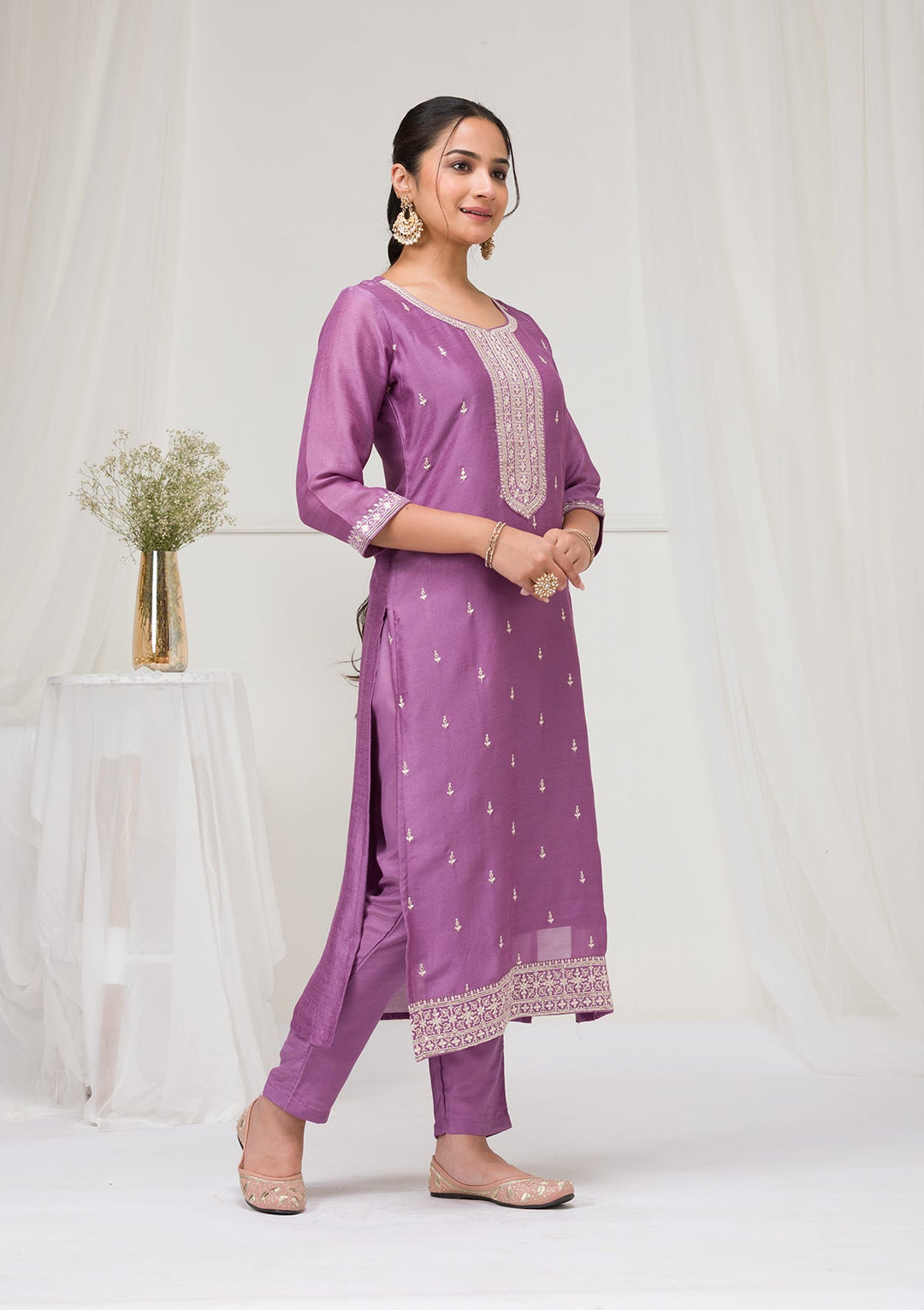 Lavender Sequins Raw Silk Readymade Salwar Suit-Koskii