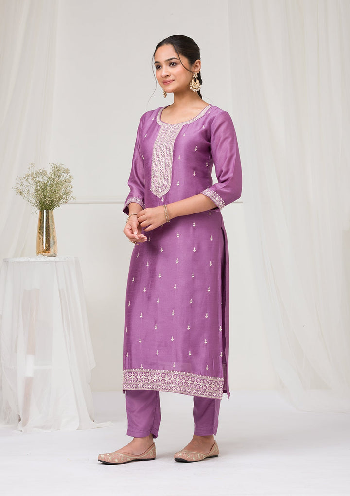 Lavender Sequins Raw Silk Readymade Salwar Suit-Koskii