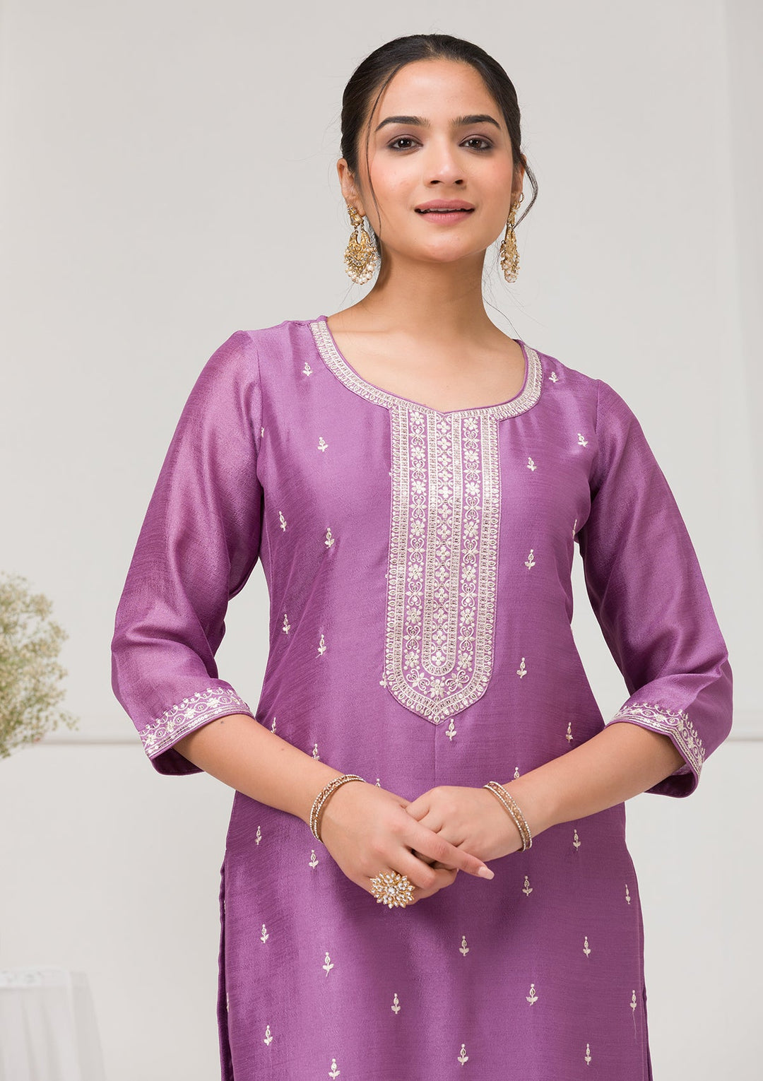 Lavender Sequins Raw Silk Readymade Salwar Suit-Koskii