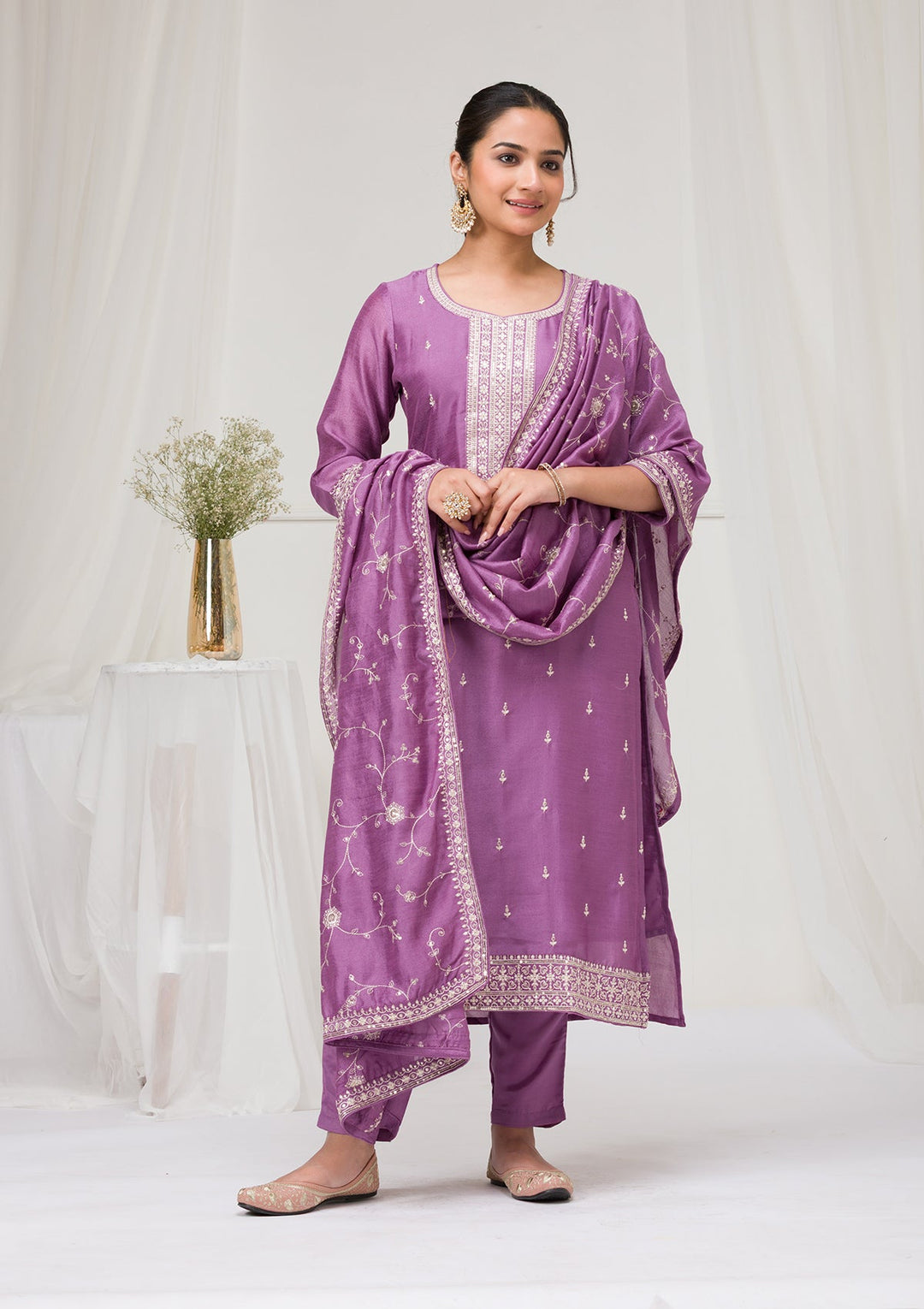 Lavender Sequins Raw Silk Readymade Salwar Suit-Koskii