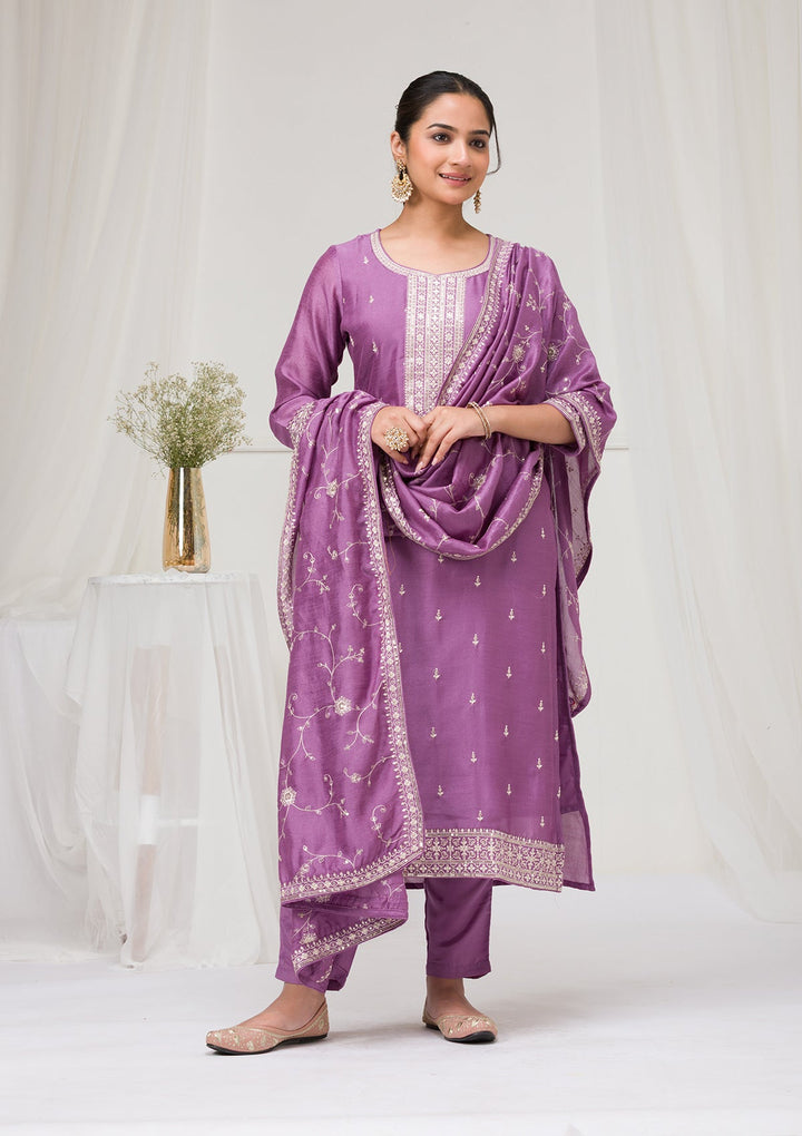 Lavender Sequins Raw Silk Readymade Salwar Suit-Koskii