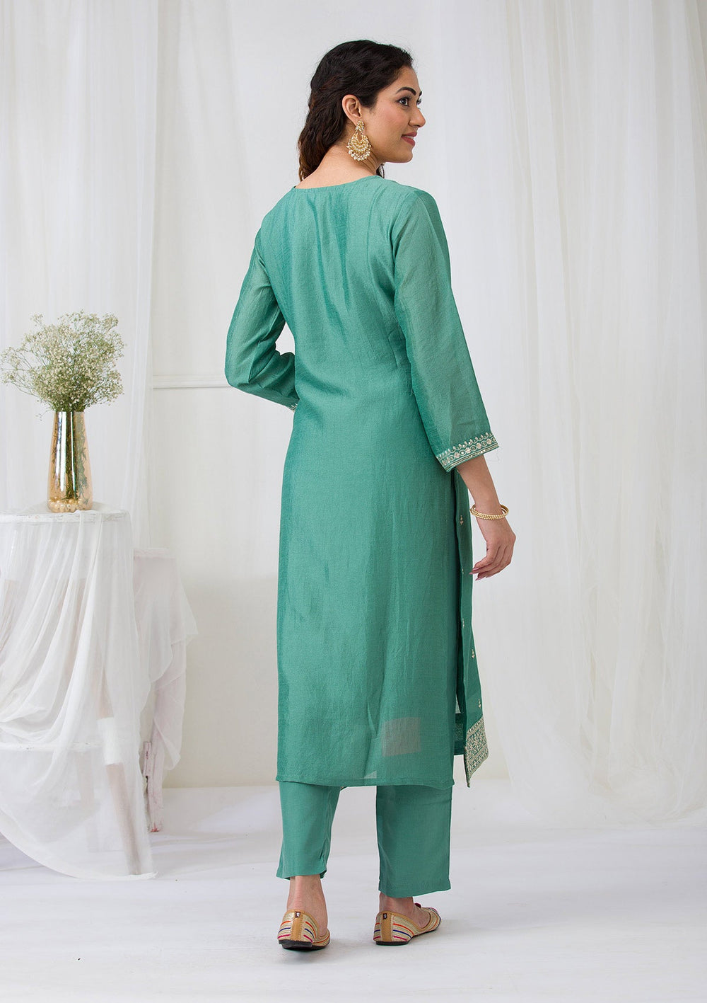 Sea Green Sequins Raw Silk Readymade Salwar Suit-Koskii
