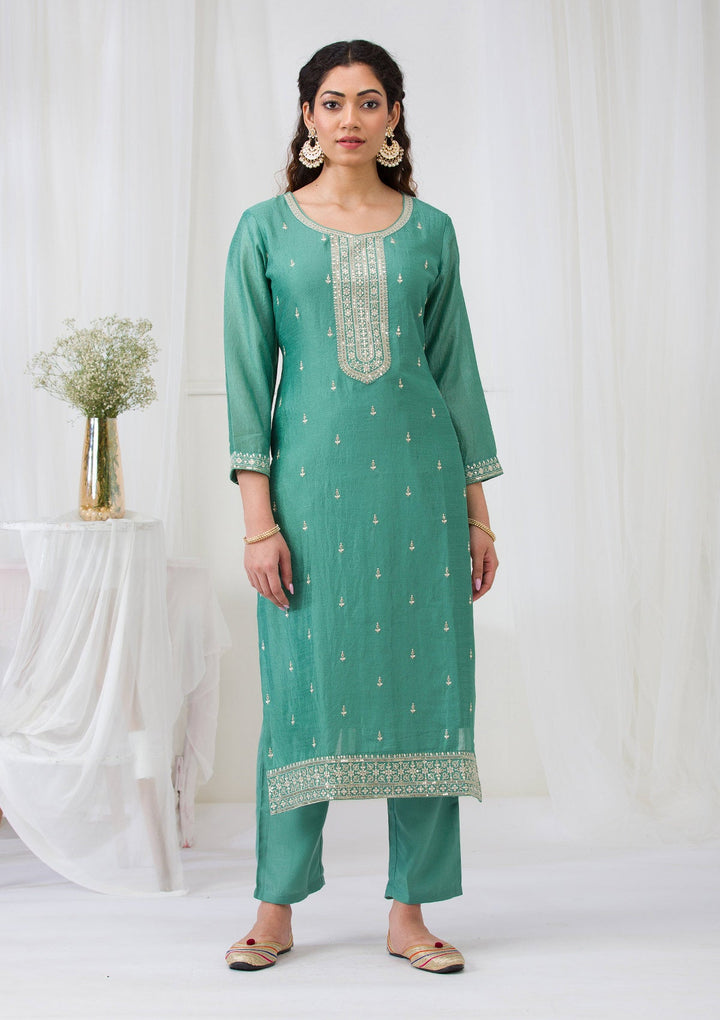 Sea Green Sequins Raw Silk Readymade Salwar Suit-Koskii