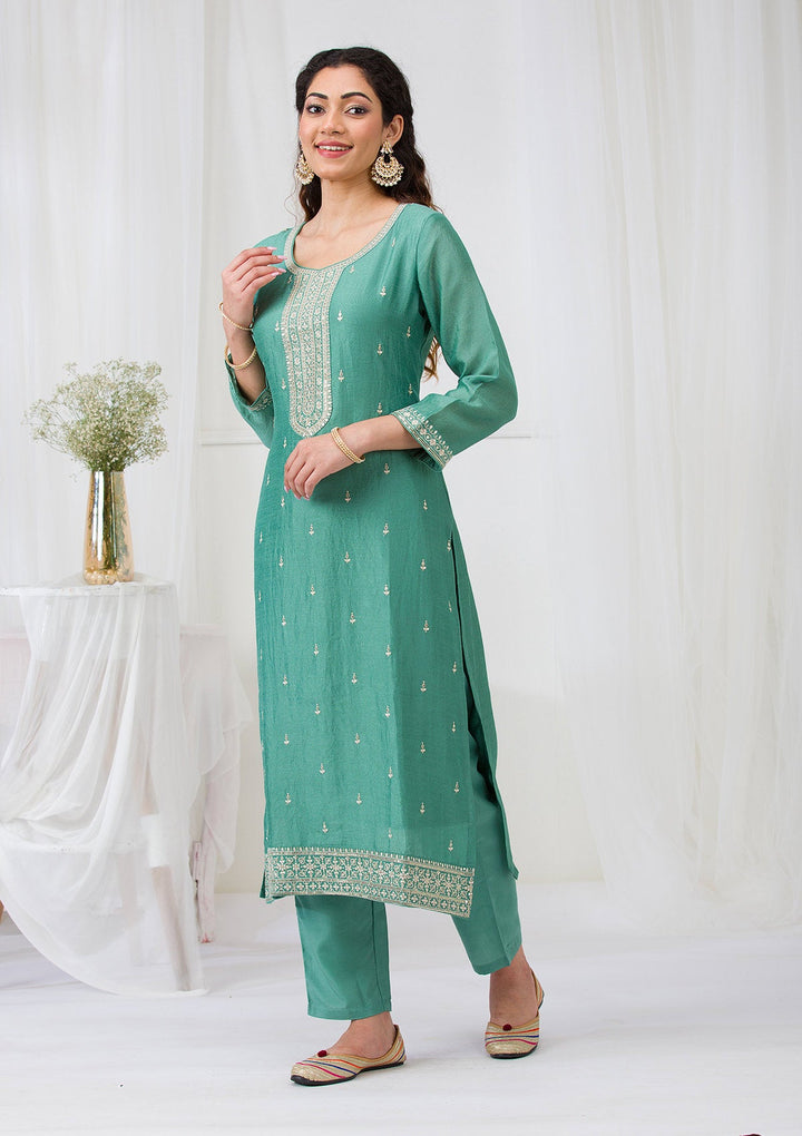 Sea Green Sequins Raw Silk Readymade Salwar Suit-Koskii