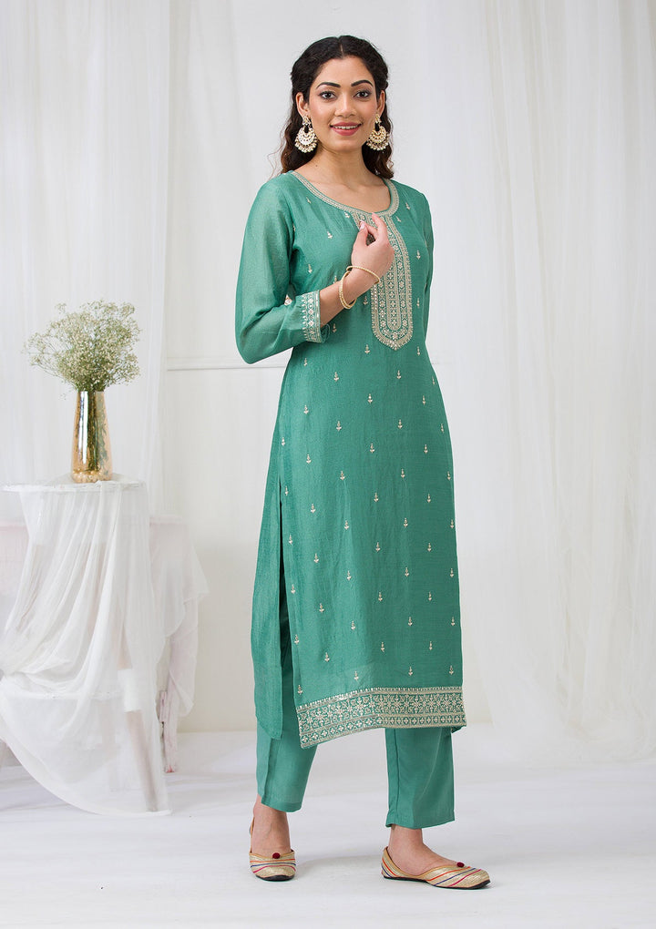 Sea Green Sequins Raw Silk Readymade Salwar Suit-Koskii