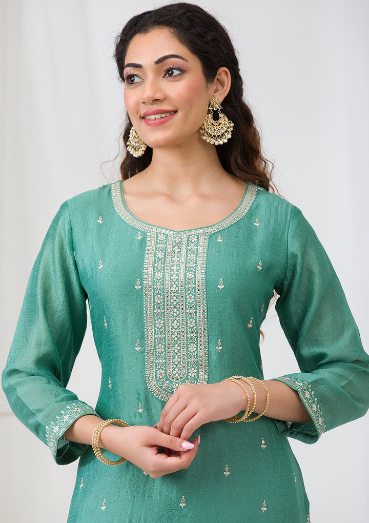 Sea Green Sequins Raw Silk Readymade Salwar Suit-Koskii