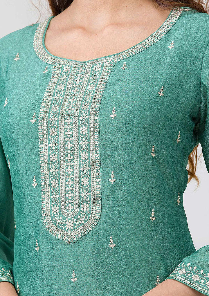 Sea Green Sequins Raw Silk Readymade Salwar Suit-Koskii
