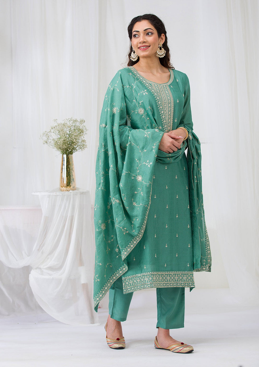 Sea Green Sequins Raw Silk Readymade Salwar Suit-Koskii