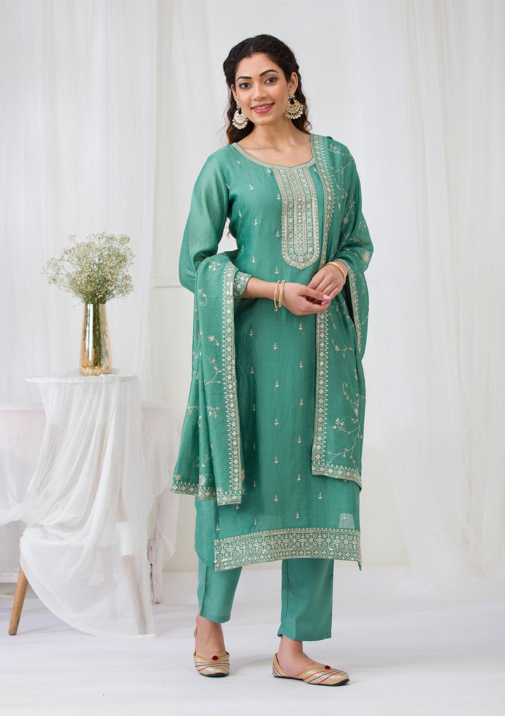 Sea Green Sequins Raw Silk Readymade Salwar Suit-Koskii