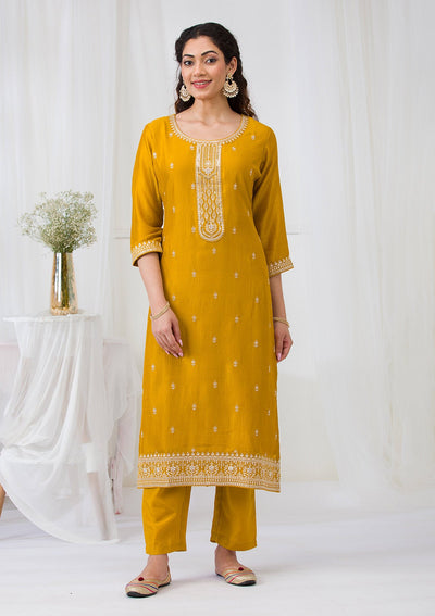 Mustard Sequins Raw Silk Readymade Salwar Suit-Koskii