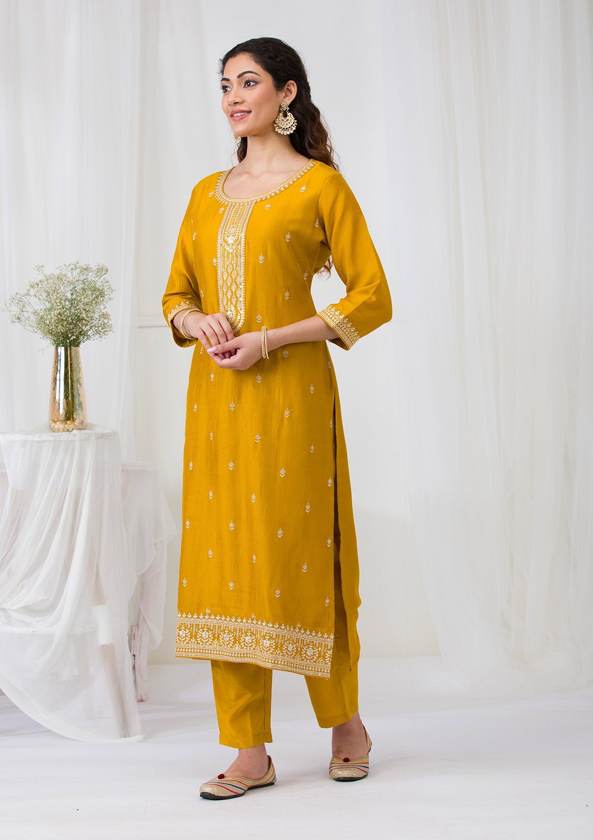 Mustard Sequins Raw Silk Readymade Salwar Suit-Koskii