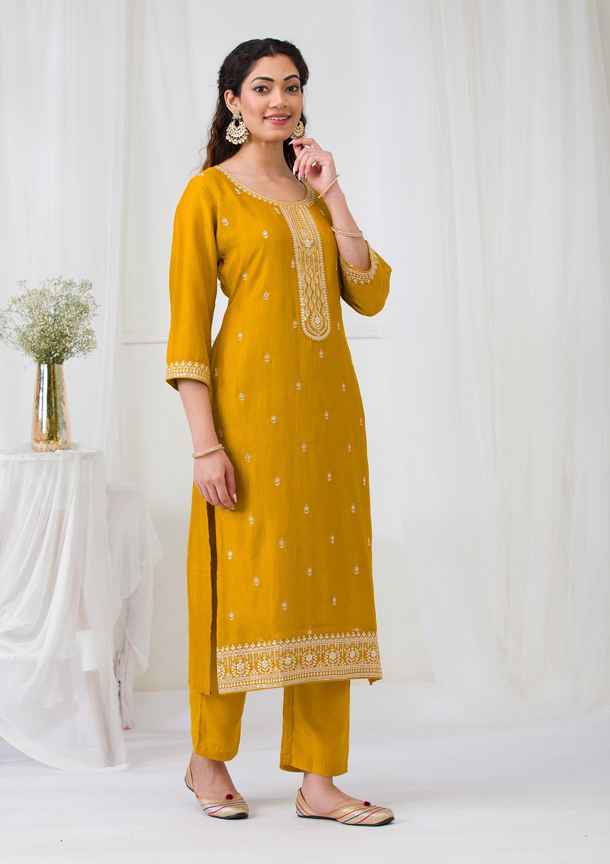 Mustard Sequins Raw Silk Readymade Salwar Suit-Koskii