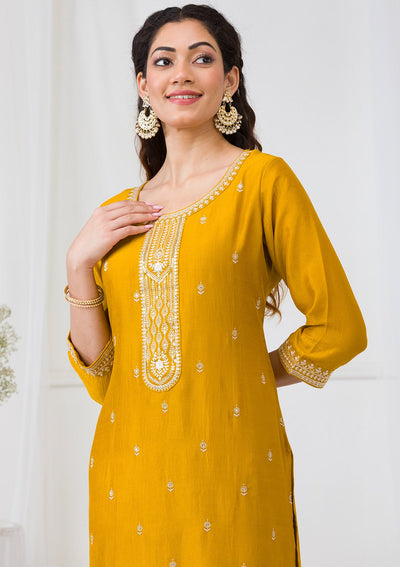 Mustard Sequins Raw Silk Readymade Salwar Suit-Koskii